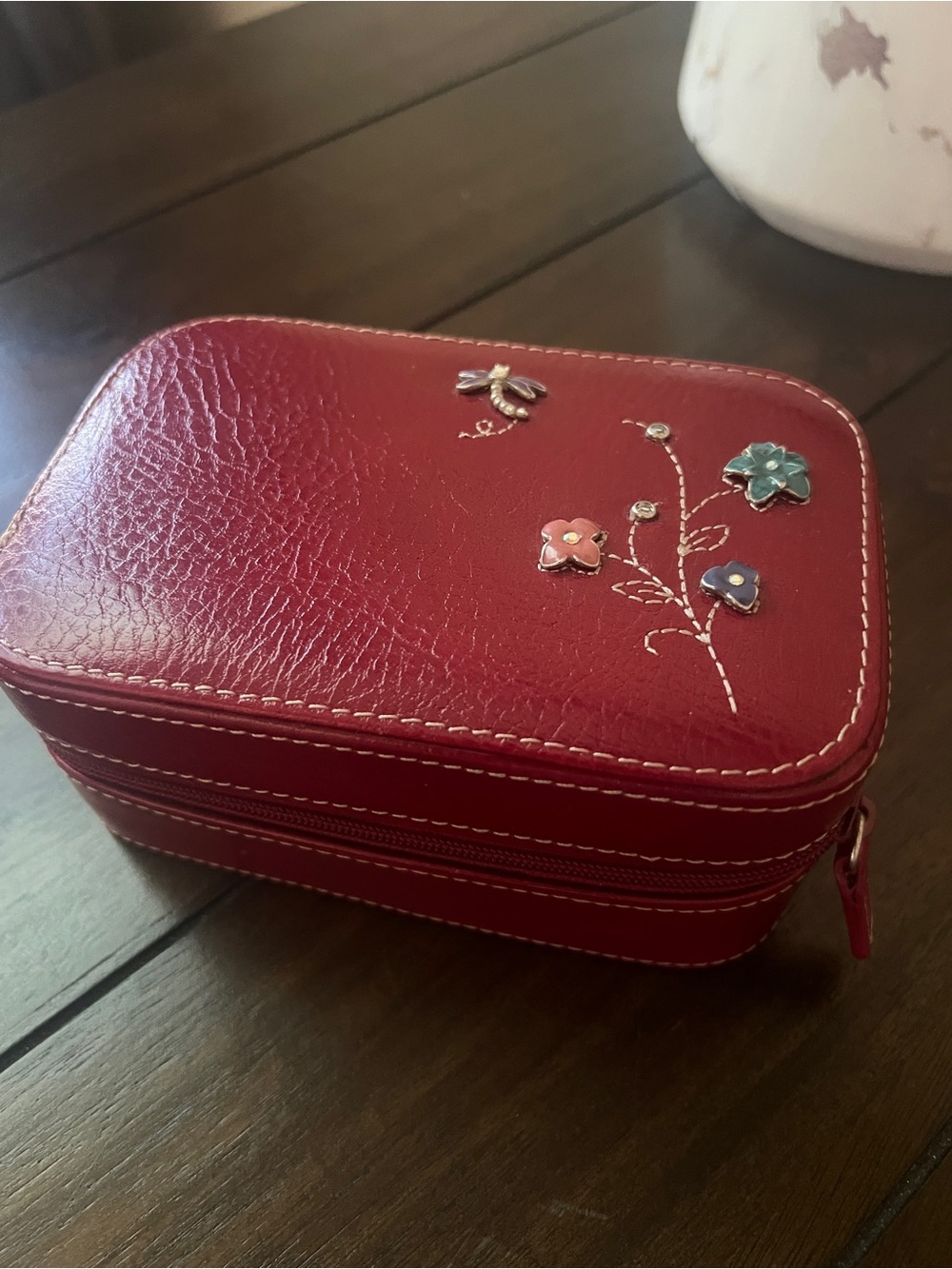 NWT Fossil Red Dragonfly Floral Embossed Jewelry Travel Case